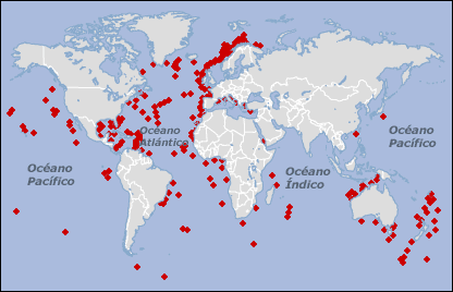mapa mundo corales distribucion
