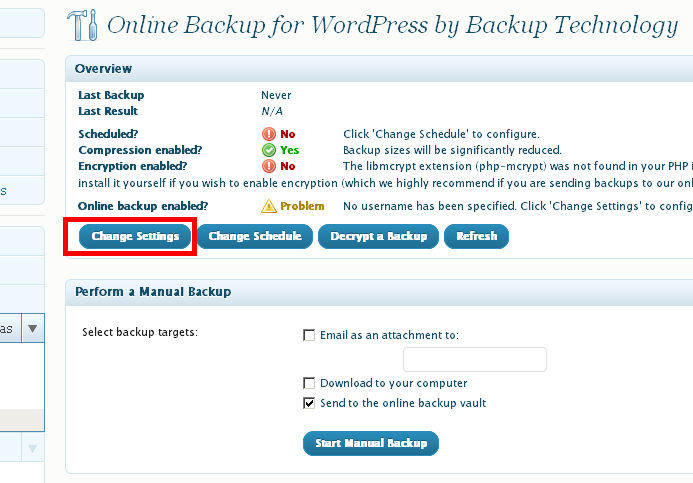 Online Backup WordPress change settings schedule