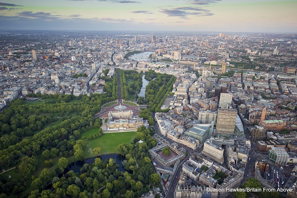 Aerial view over Buckingham Palace and Victoria, London