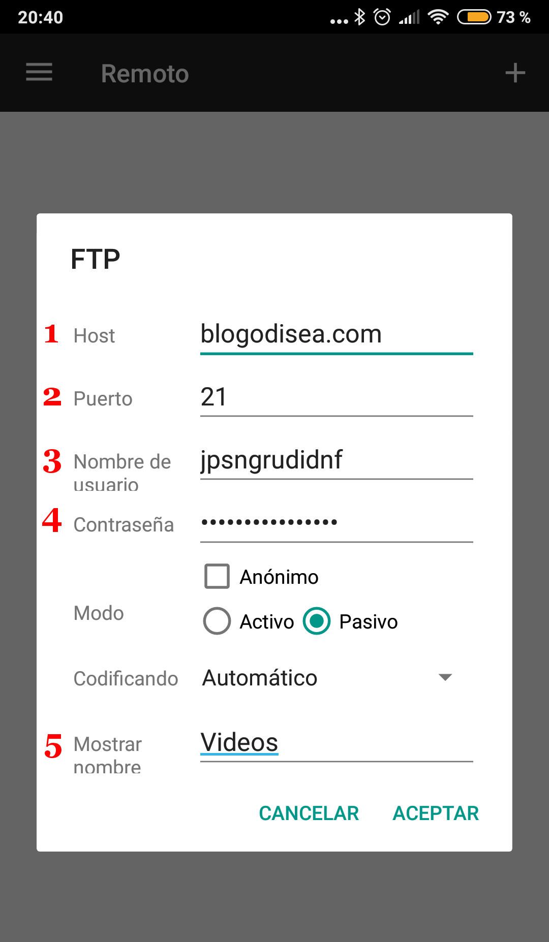 ftp android configurar host